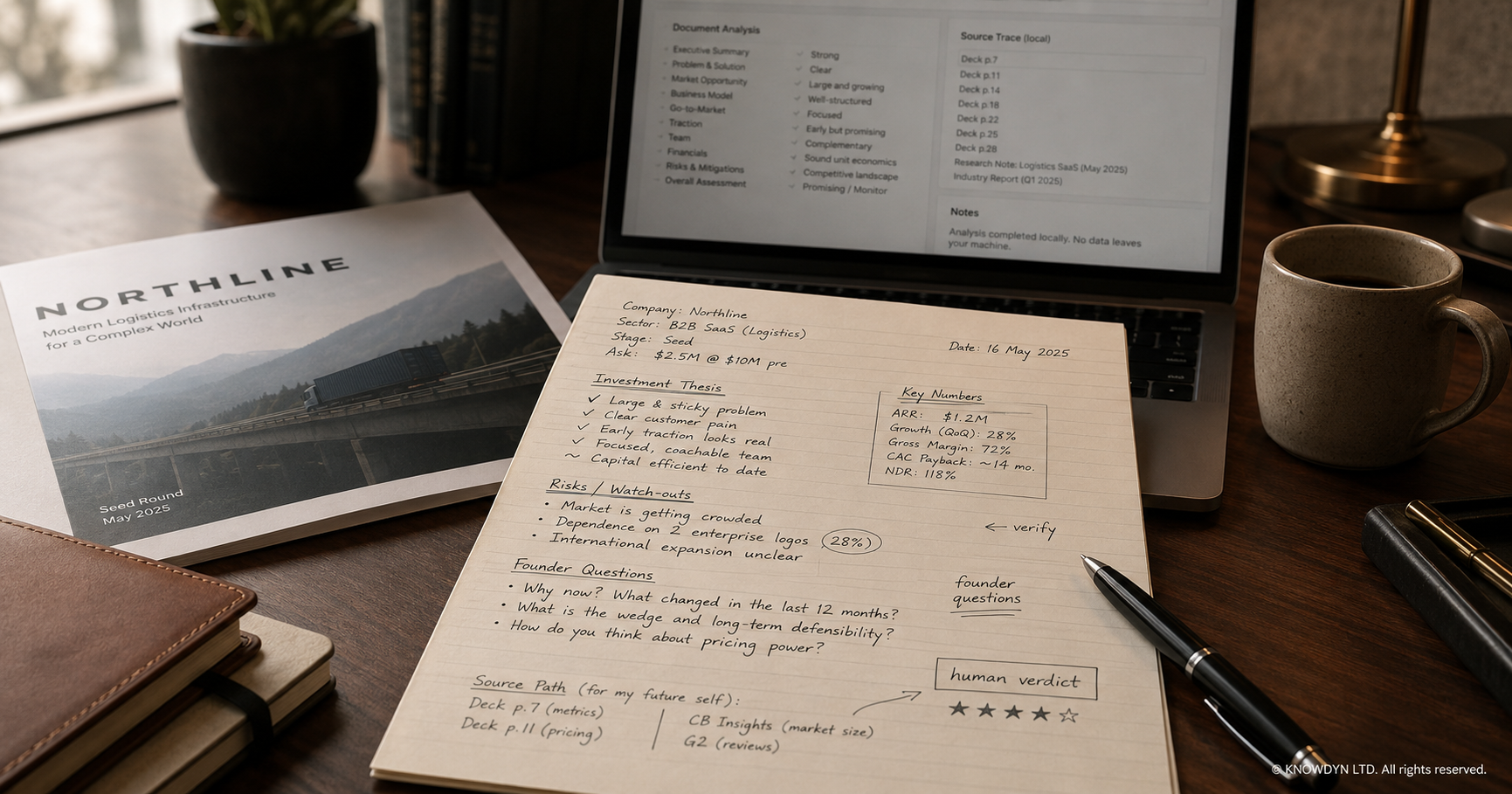 An angel investor reviews a pitch deck with handwritten verification notes beside a machine-generated investment summary.