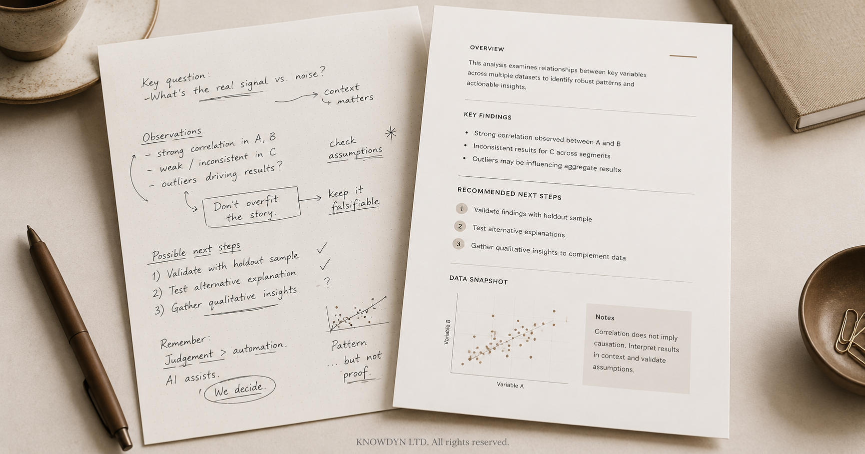 A handwritten page with verification marks beside a clean machine-generated page, representing human judgment beside AI output.