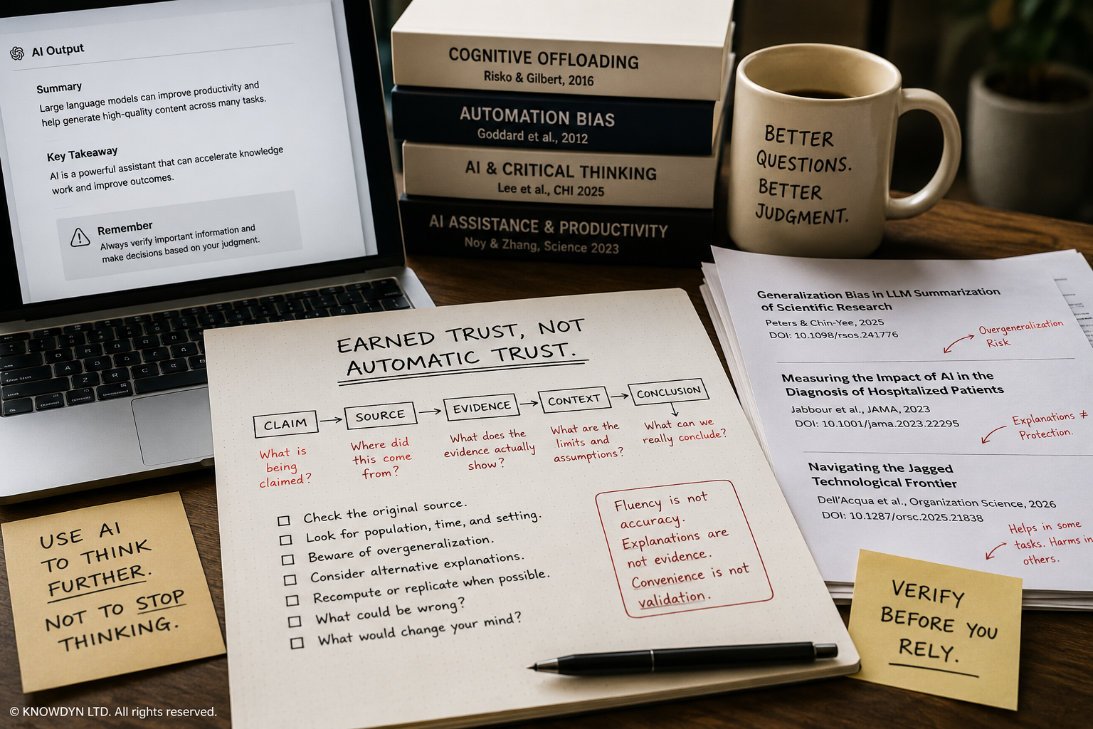 A human review desk showing AI output, research papers, and handwritten verification notes about judgment and trust.